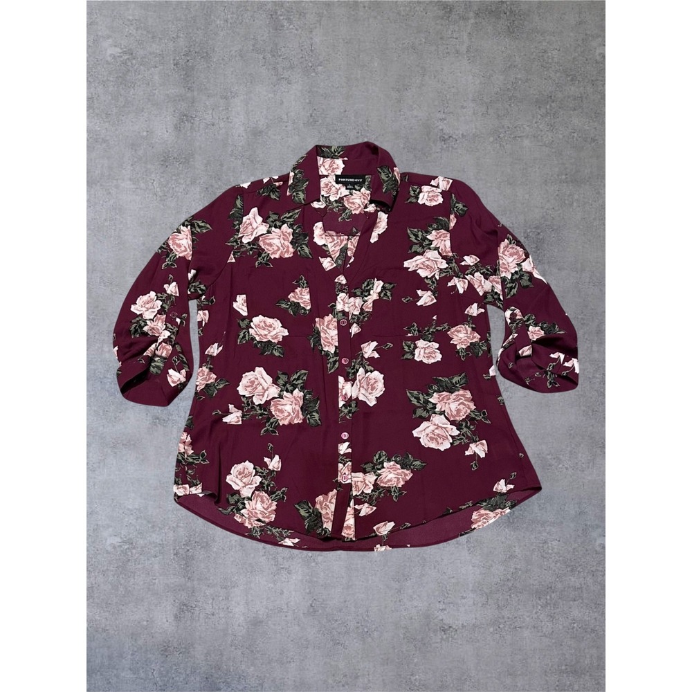 Fortune + Ivy Floral Blouse Womens Large Burgundy Roll Tab V-Neck Top